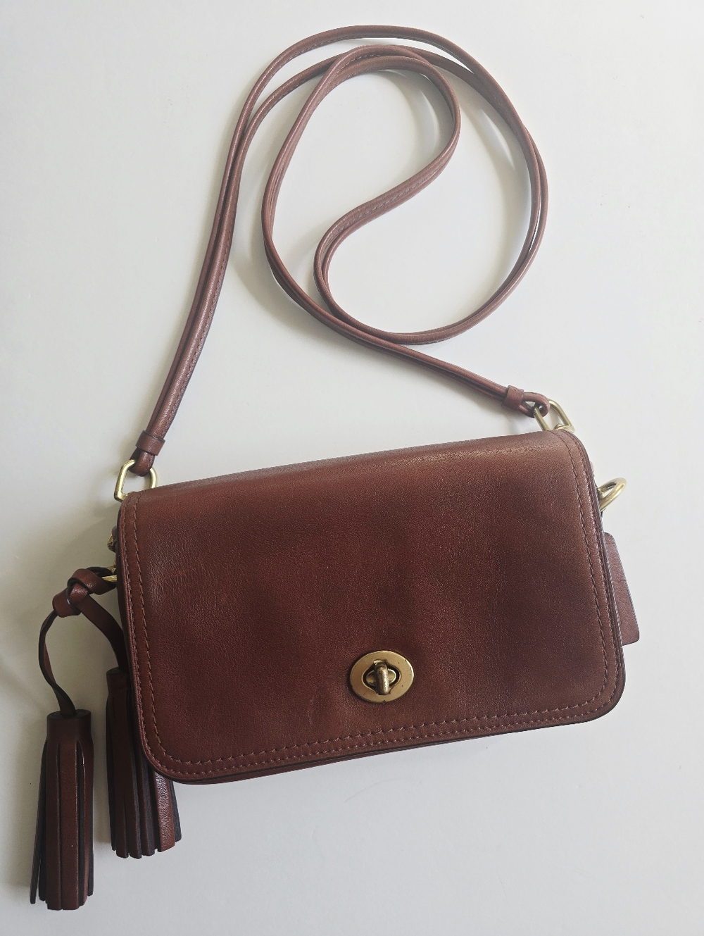 COACH VTG Y2k Legacy Cognac Leather Penny Crossbody Purse Tassels Turnlock - Picture 2 of 16